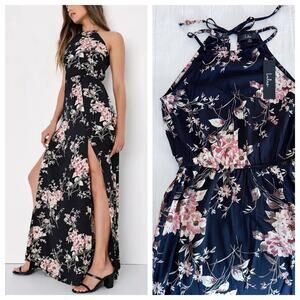 Lulus Navy Floral Maxi Dress‎ XS Halter Neck Feel the Music NWT $88 MSRP. Beach.